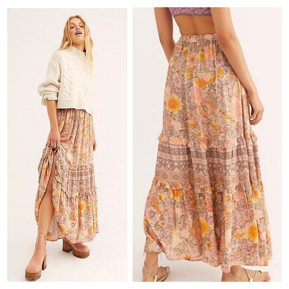 Spell Floral Tiered Maxi Skirt in Peach Pink and Yellow
